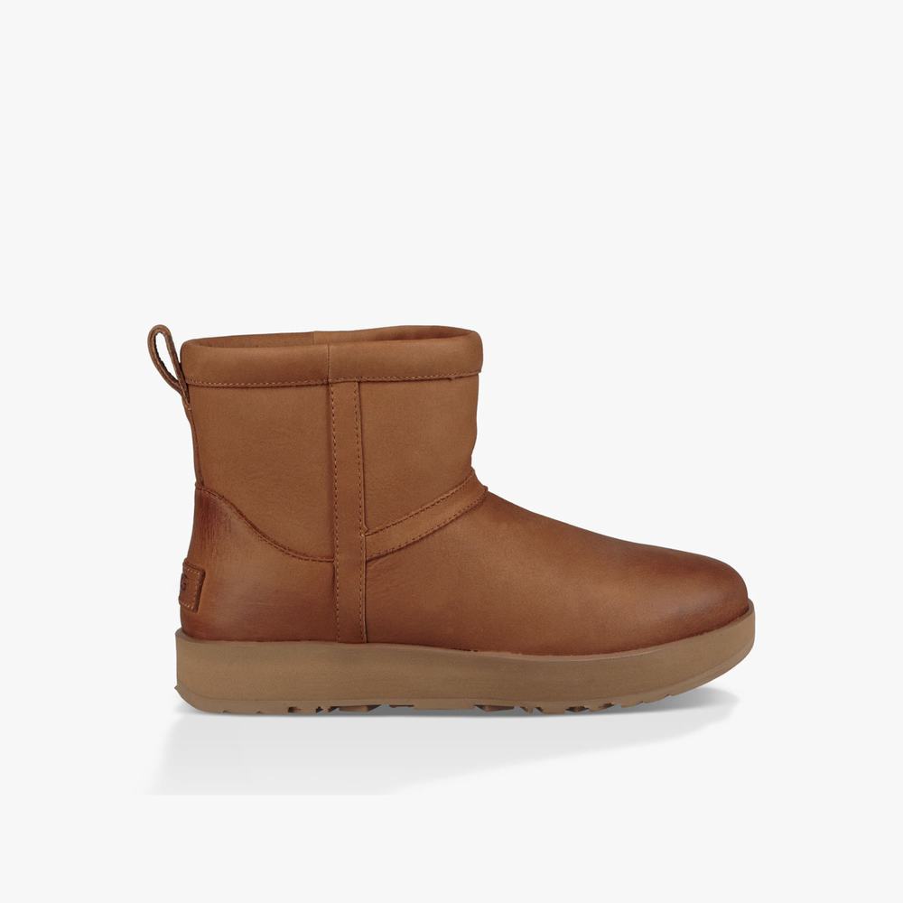 Bottes Imperméables UGG Classic Mini Cuir Femme Marron Soldes 138FOGMD